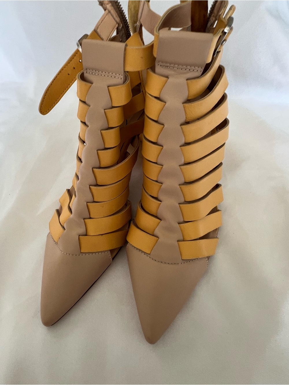 AGL Beige and Yellow Strappy Pointed Toe Heels
